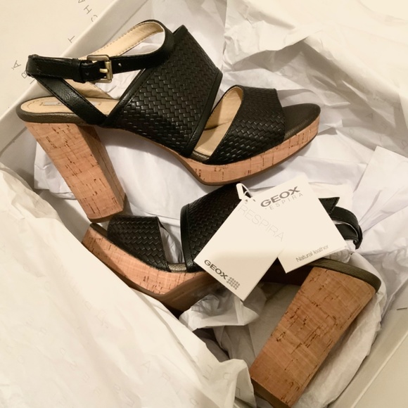 Geox Mauvelle Black Leather ankle strap block heel sandal platform dress shoes 8 - Picture 8 of 12